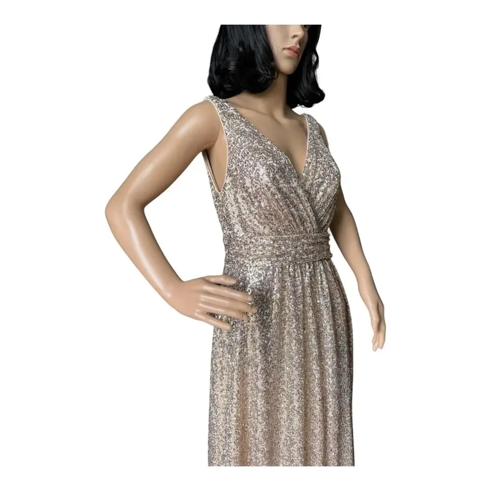 David's Bridal sequin v-neck bridesmaid dress with satin piping gold size 8